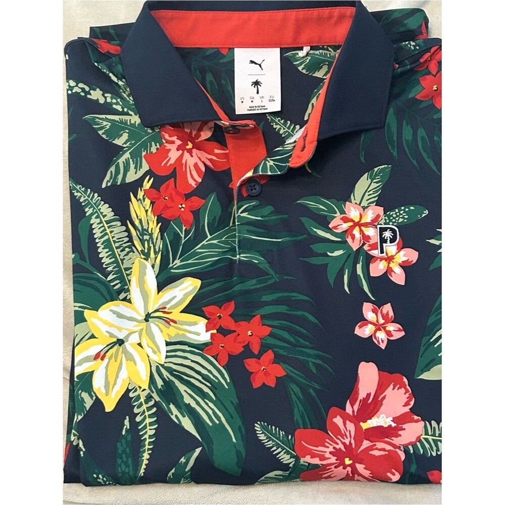 Puma x PTC Palm Tree Crew Golf Polo Shirt Mens M MATTR Floral Tropical Navy